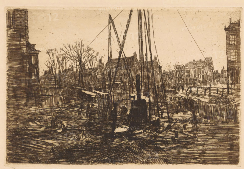 Pile driving in the Raadhuisstraat in Amsterdam, print, The construction pit of the shopping arcade in the Amsterdam Raadhuisstraat., printmaker: George Hendrik Breitner, c. 1898, paper, etching, intaglio printmaking technique, height 199 mm x width 297 mm, building-site, city-view, and landscape with man-made constructions, Amsterdam, Raadhuisstraat, A sepia-toned etching showing a canal scene with tall, thin masts rising near the center, leafless trees behind a row of buildings, and a variety of densely hatched lines forming water, docks, and timber structures in the foreground, flanked by multi-story buildings on both sides and a small bridge visible toward the right.