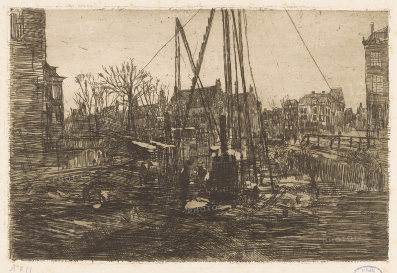Pile driving in the Raadhuisstraat in Amsterdam, print, The construction pit of the shopping arcade in the Amsterdam Raadhuisstraat., workshop stamp: 'Atelier GH Breitner', printmaker: George Hendrik Breitner, c. 1898, paper, etching, intaglio printmaking technique, height 199 mm x width 297 mm, building-site, city-view, and landscape with man-made constructions, Amsterdam, Raadhuisstraat, A monochrome etching shows a waterside scene with tall, narrow masts rising near the center, silhouetted against a pale sky, and rigging lines angling outward. Along the horizon are densely sketched buildings with pitched roofs and rows of windows, flanked by taller multi-story facades at the left and right edges. Bare trees with intricate, branching twigs stand among the structures. In the foreground a dark, heavily hatched area suggests a shoreline or quay with scattered irregular light patches and linear textures. A low railing runs along a path on the right, and vertical posts and beams punctuate...