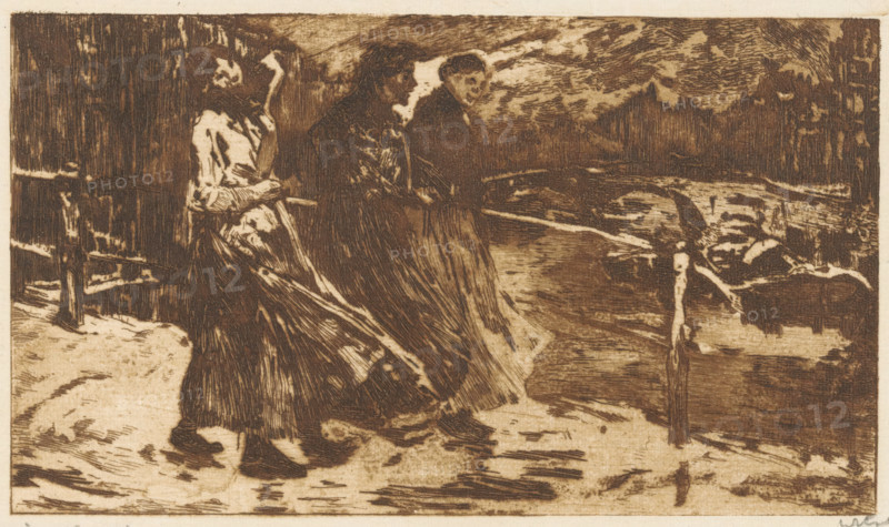 Three women on a bridge in rain and wind, print, inscription: 'd'après GH Breitner', signature: 'Witsen', watermark:, printmaker: Willem Witsen (signed by artist), Amsterdam, after painting by George Hendrik Breitner, 1891, Willem Witsen, George Hendrik Breitner, printmaker, after painting by, paper, etching, aquatint, intaglio printmaking technique, aquatint and plate tone, proof print, height 140 mm x width 217 mm, walking - AA - female human figure, walking, bridge in city across river, canal, etc. - II - ideal city, Three figures in long dresses stand on a snowy path near a wooden fence, facing toward a frozen river and distant hills; the figures are shown in profile and three-quarter view with shawls or coats and skirts detailed with dark hatch marks, their faces and hair sketched with short strokes; the foreground shows textured snow and footprints, the middle ground features a fence post with a horizontal rail and rough wooden textures, and the background displays a river with r...