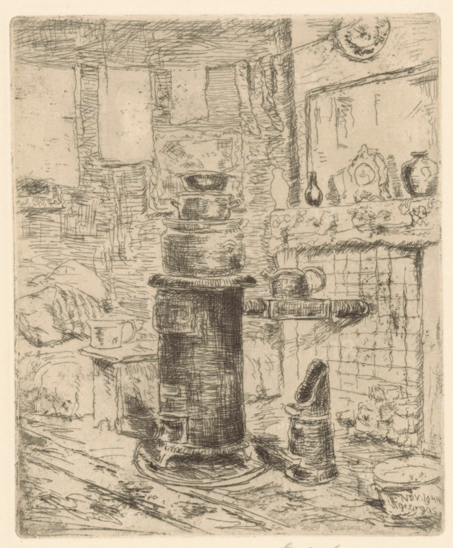 No gas (original title on object), print, An interior with a stack of pots on a coal stove. Clothing hangs on a clothesline above the stove. Three vases and a clock stand on the mantelpiece. A bed is in the background on the left., printmaker: Erkelens (signed by artist), 1944-11, paper, etching, intaglio printmaking technique, height 156 mm x width 128 mm, interior of the house, heating stove, Second World War, A vertical scene rendered in fine ink lines and shading shows a tall cylindrical stove or heater with stacked pots on top standing on a round base in the center foreground, surrounded by a cluttered interior with shelves, jars, and vessels along the right wall and a tiled or gridded wall behind them; to the left there is a small table with a cup and a cloth draped nearby, and a stool or small bucket with a handled object rests beside the stove; above and around these objects are textured walls, framed shapes, and hanging or leaning items, all depicted with crosshatched lines an...