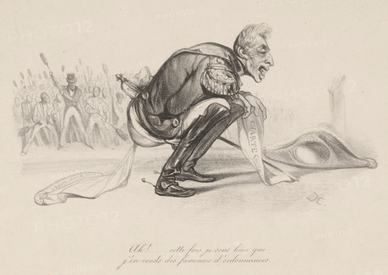 Ah!.. Cette fois je sens bien, Charles publisher, Paris, paper, chine collé, lithography, height 268 mm x width 324 mm, Person, Charles, A pencil drawing of a man in a military-style uniform squatting with an exaggerated profile and elongated features, wearing a decorated shoulder epaulet and high boots, with a sword at his side and a long sash draped on the ground beside him; behind him a crowd of figures is sketched with some holding poles or staffs, and a tall standing figure in a hat appears more defined; a folded hat lies on the ground near the man and the scene is rendered on textured paper.