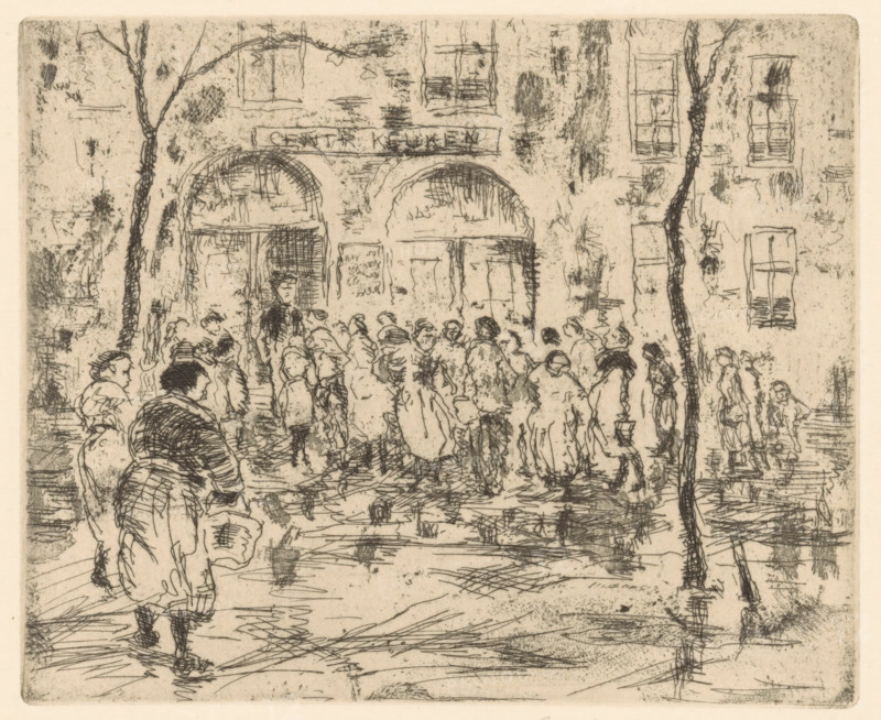 Central Kitchen, print, People waiting with pots and pans in their hands on the sidewalk at a Central Kitchen where they can pick up food., printmaker: Erkelens, c. 1944, paper, etching, intaglio printmaking technique, height 128 mm x width 156 mm, soup-kitchen, cook-shop, Second World War, A sepia-toned etching shows a busy street scene in front of a building with arched doorways and multiple windows, with crowds of people gathered and moving across the foreground. Figures wear layered clothing and coats, several shown in profile or from behind, with some smaller figures suggesting children. Two tall, narrow trees with textured trunks frame the composition near the arches. The ground is sketched with hatch marks and irregular lines indicating pavement. The building façade is drawn with rough shading and crosshatching, and windows have simple mullions and shaded panes. Overall the image is composed of delicate, sketchy lines and varied textural marks creating a crowded urban atmosphere...