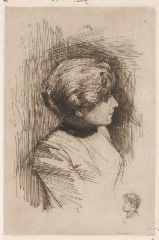 Portrait of an unknown woman, print, printmaker: Nicolaas van der Waay, 1865 - 1936, paper, chine collé, drypoint, intaglio printmaking technique, height 219 mm x width 149 mm, historical persons not known by name, A sepia-toned etching shows a woman in profile facing right with short wavy hair and a high dark collar, her head rendered with dense cross-hatching and fine directional lines that create texture and shadow, the background filled with overlapping vertical and diagonal hatch marks; her upper torso is sketched with lighter, sweeping strokes and sparse shading, and a small secondary sketch of a man's head in profile appears near the lower right, drawn with delicate lines.