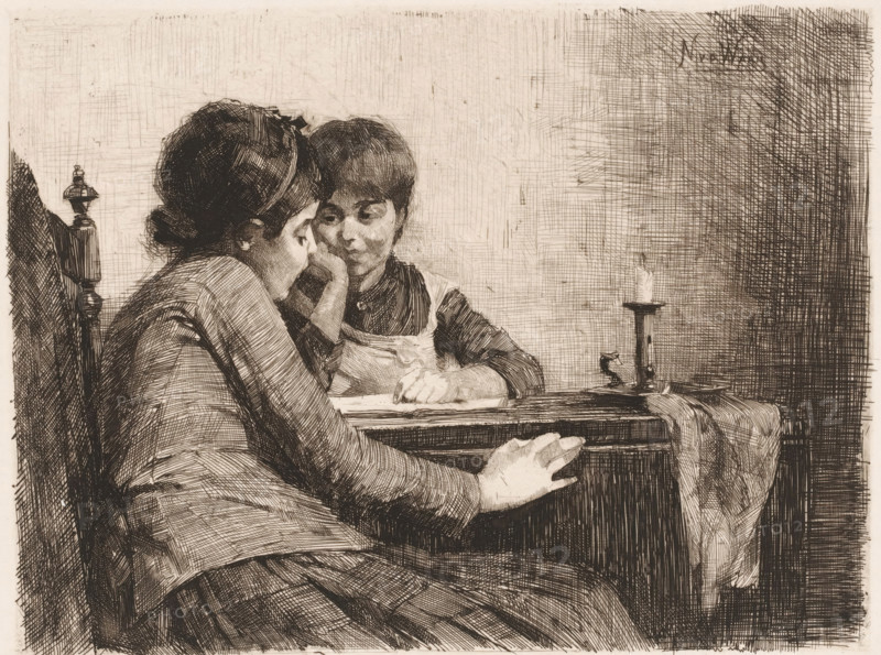 Art appreciation, print, Two children with a book lying open on a table., printmaker: Nicolaas van der Waay, 1865 - 1936, paper, etching, drypoint, intaglio printmaking technique, height 175 mm x width 232 mm, child and art, Two seated figures are shown in a close interior scene rendered in fine crosshatch lines; one figure faces away from the viewer with hair pulled back and a shawl draped over the shoulders, an arm extended forward with a hand resting on a wooden surface, while the other figure faces the viewer more directly, leaning on the table with a folded arm and looking toward the first figure. A simple wooden chair with a turned finial is visible behind them, and a tall candlestick with a small candle sits on the table beside a draped cloth. The background is filled with dense, varied hatch marks creating a textured wall.