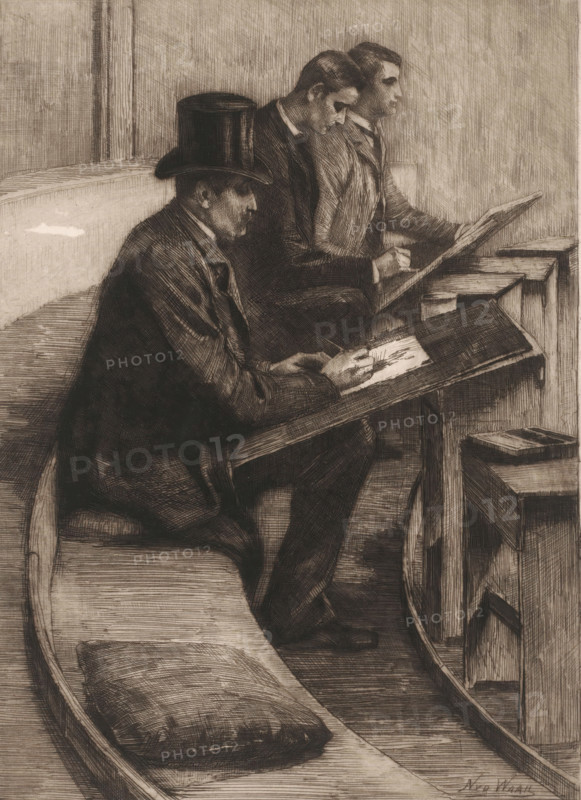Drawing Men, In Felix, print, printmaker: Nicolaas van der Waay, 1865 - 1936, paper, chine collé, etching, drypoint, intaglio printmaking technique, height 228 mm x width 173 mm, drawing-lesson, Amsterdam, Felix Meritis, Three seated men are shown in profile, each holding a sketchbook on a slanted wooden ledge; the nearest man wears a tall hat and a dark coat and is bent over his drawing, the two men behind him are dressed in suits and also focused on their sketches, with one slightly leaning forward. The setting includes curved wooden benches with cushions, a low wooden railing and work surfaces, and the entire image is rendered in fine crosshatched lines and shaded tones. The composition emphasizes the seated figures and their drawing boards, with visible bench contours and the textured background created by closely spaced strokes.