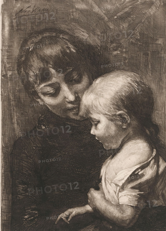 Woman with child, Bad mood, print, printmaker: Nicolaas van der Waay, 1865 - 1936, paper, chine collé, etching, intaglio printmaking technique, drypoint, height 228 mm x width 172 mm, mother and child(ren), woman and child(ren) (family group), A detailed black and white etched image of an adult holding a small child close; the adult's face is seen in profile turned slightly downward with closed eyes and short hair, wearing a dark garment, while the child leans against the adult with a rounded forehead, closed eyes, and light hair, wearing a light-colored garment; visible are the adult's arm supporting the child and the child's hand pointing downward, with fine crosshatched lines and textured shading filling the background and defining contours.