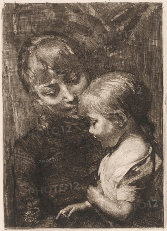 Woman with child, print, printmaker: Nicolaas van der Waay, 1865 - 1936, paper, chine collé, etching, drypoint, intaglio printmaking technique, height 228 mm x width 172 mm, mother and child(ren), woman and child(ren) (family group), A monochrome etching of an adult and a child in a close embrace, the adult's head tilted toward the child with eyes cast downward and hair framing a softly lit face, the child's head resting against the adult's chest with downcast eyes and delicate features, visible arms folded across the child's torso and a hand extended slightly outward, both figures rendered with dense crosshatching and fine lines that create textured shadows and highlights against a similarly hatched background.