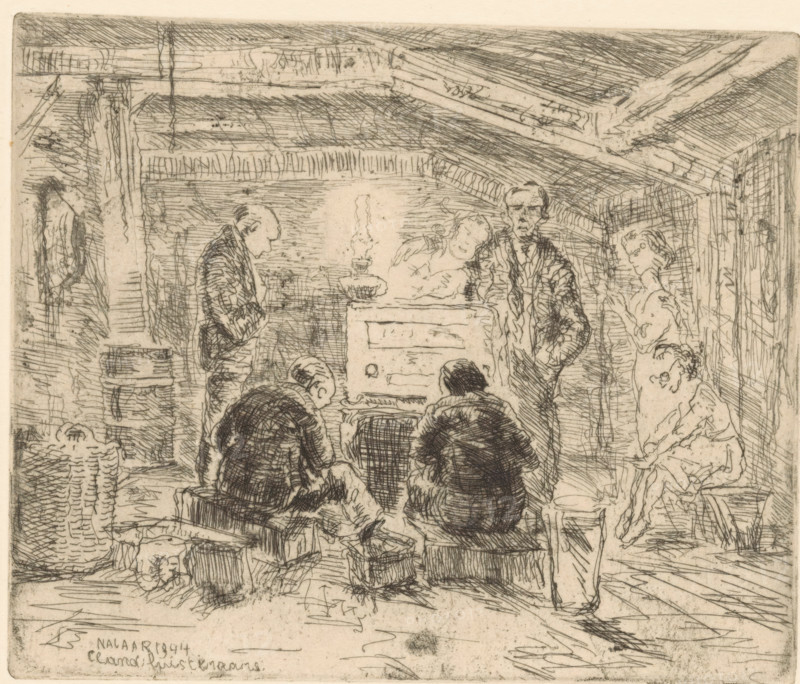 Clandestine listeners (original title on object), print, Men and women listening to a radio in a barn, standing and sitting in a circle., printmaker: Erkelens (signed by artist), in or after 1944-09 - in or before 1944-12, paper, etching, intaglio printmaking technique, height 131 mm x width 157 mm, radio, wireless, radio broadcasting, hearing, listening (one of the five senses), Second World War, A sketch of an interior scene with several seated and standing figures gathered around a central stove or heater, rendered in fine hatched lines and crosshatching; visible are beams and rafters across a slanted ceiling, a lamp or flame on top of the stove, two figures seated with their backs turned toward the viewer, a standing figure near the stove facing forward, another standing figure leaning slightly with a hand near the face, and a partially obscured figure in the background; baskets, stools, and stacked objects occupy the floor area, and the overall composition shows detailed linear te...