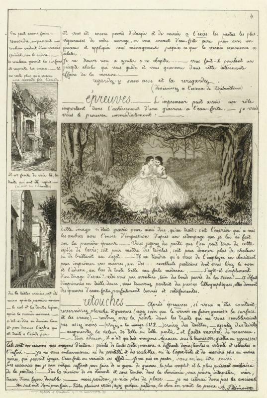 Letter about etching techniques with examples of landscapes, Letter about making an etching, Letter on the elements of etching with water etching, print, Series number, 4, Between the text a forest landscape with two ladies., printmaker: Adolphe Martial Potémont, printer (person): Beillet et Forestier, Paris, 1864, printer (person), paper, etching, à la poupée, height 291 mm x width 199 mm, letter, envelope, A vertically oriented page filled with handwritten script and several rectangular engraved illustrations, including a large central vignette showing two young women in full dresses seated close together on grass beneath overhanging tree branches surrounded by dense foliage, a narrow vertical scene along the left margin depicting a cobbled street with tall buildings and a person walking, a small inset above that showing a rustic doorway with a figure standing nearby, and another small sketch of a building facade; the page has a uniform pale background with fine ink lines, margins fr...