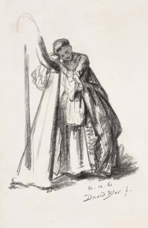 Harpist, print, The young woman leans with her hands and head on the harp., printmaker: David Bles, 1861-10-10, paper, lithography, height 340 mm x width 220 mm, harp, leaning figure - AA - female human figure, A charcoal sketch of a young woman leaning against a tall curved object, her head resting on her crossed arms with eyes cast downward, wearing a long dress with a full skirt and a fitted bodice, layered fabric and a gathered apron visible, loose hair pulled back, shadowed folds and textured strokes defining the garment and the ground beneath her.