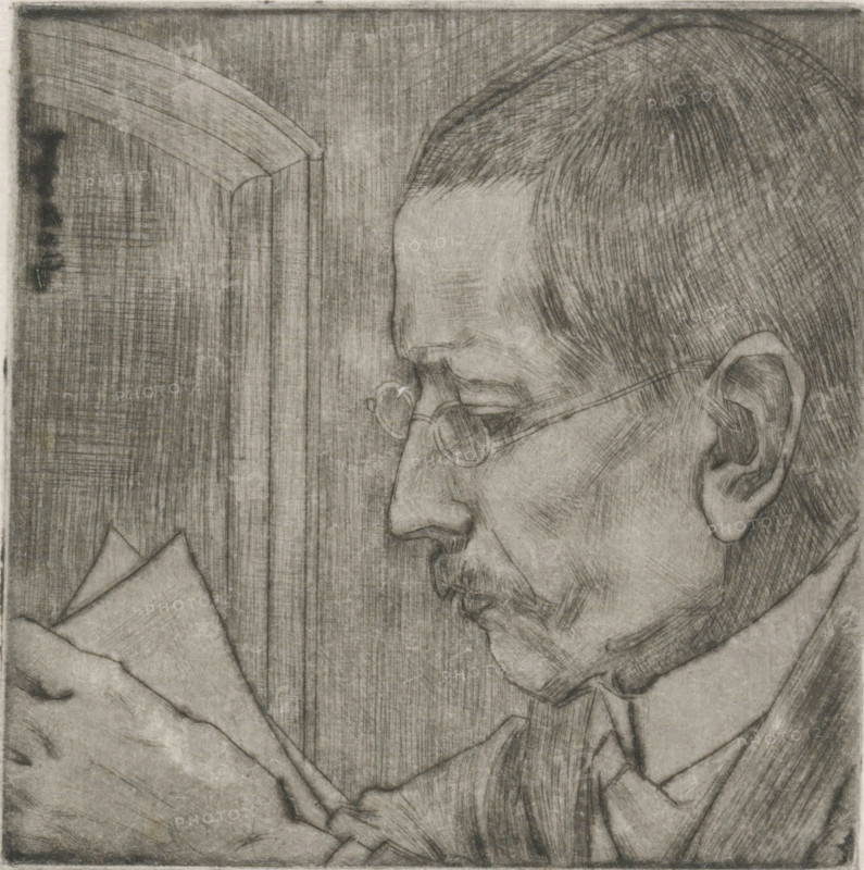 Portrait of Aegidius Timmerman, print, printmaker: Jan Toorop, printer (person): Toon Ninaber van Eijben, 1900, 1928, printer (person), paper, drypoint, intaglio printmaking technique, drypoint with plate tone on zinc, height 101 mm x width 101 mm, Person, Aegidius Willem Timmerman, historical persons, A close-up pencil or charcoal drawing of a man's profile facing left, showing his forehead, brow, glasses, nose, mustache, mouth, chin, ear, and the top of his head with short hair rendered with cross-hatched lines; he wears a collared shirt and jacket and holds folded papers in his hand near the lower left; the background features vertical and crosshatched shading and a curved architectural or decorative element at the top left.