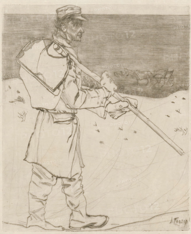 The shell fisherman (original title), Shell fisherman with net on the beach near Katwijk aan Zee, print, annotation: 'Etching by J. Th. Toorop, for the benefit of 'Homes for poor school-going children'', printmaker: Jan Toorop (signed by artist), 1902, paper, drypoint, intaglio printmaking technique, drypoint with plate tone on zinc, height 187 mm x width 154 mm, beach, shell fishery, Katwijk (South Holland), Katwijk aan Zee, A pencil drawing of a person standing in profile facing right, wearing a cap and a coat with a sash at the waist, holding a long pole diagonally across the body with gloved hands; a large net or bag is slung over the left shoulder and rests on the back, and the figure wears trousers tucked into boots. The background shows a dark horizontal band suggesting a distant horizon, and near that band there is a faint outline of a horse-drawn cart with two horses. The foreground contains sparse tufts of grass and small scattered marks on the ground.