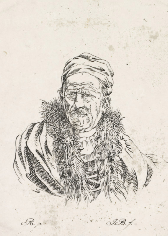 Portrait of a man after Rembrandt, print, The man is wearing a cap and a fur collar., printmaker: Joannes Bemme, Netherlands, after print by Rembrandt van Rijn, Amsterdam, 1809 - 1841, Rembrandt van Rijn, after print by, paper, lithography, lithografie, height 187 mm x width 140 mm, anonymous historical person portrayed, A detailed black ink line drawing of an older man from the chest up on a light, slightly speckled background, showing a fur-lined cloak draped over his shoulders and textured lines indicating heavy fabric, a wrapped head covering with folds, a deeply lined face with a mustache and short beard, prominent eyebrows and expressive eyes, and intricate cross-hatching and fine strokes used throughout the clothing and facial features.