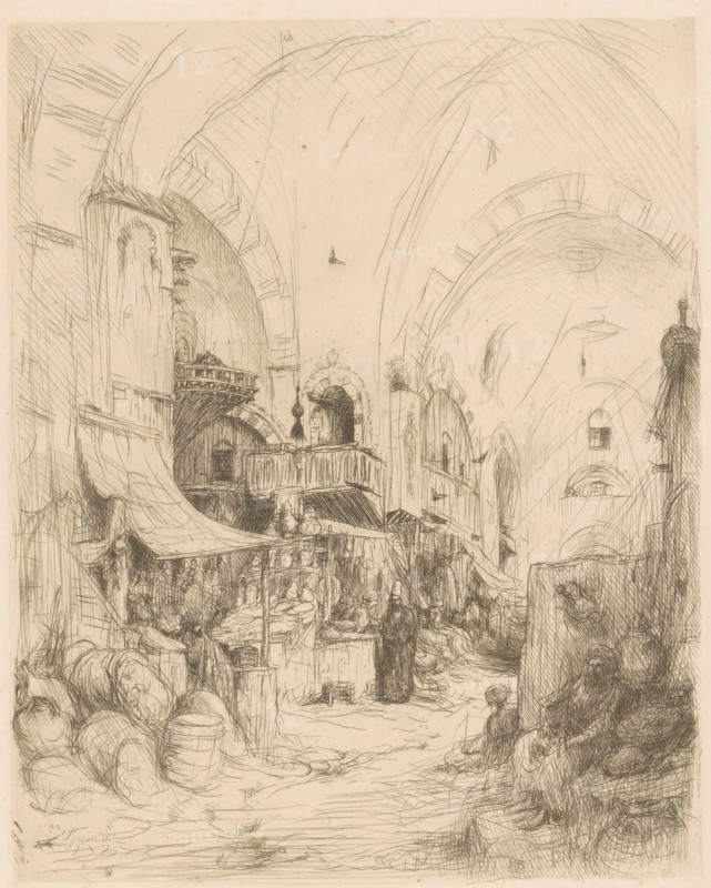 Bazaar in Constantinople, print, Figures in a covered bazaar with stalls displaying goods., printmaker: Marius Bauer (signed by artist), 1877 - 1932, paper, etching, intaglio printmaking technique, etching with plate tone, height 281 mm x width 228 mm, market-hall, Constantinople, Ottoman Empire, A detailed pencil sketch of a narrow covered market street framed by high arched ceilings, with stalls and awnings lining the passage, a balcony jutting from one side, hanging lamps and architectural niches, barrels and sacks piled near the foreground, figures milling and standing at the stalls including a cloaked figure near a counter, a small seated child near a wall, intricate crosshatching shading the domed vaults above, and a small boat-like shape drawn high in the empty central sky.