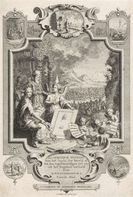 Title page for: Kornelis Westerbaen, Algemeene histori, 1736, Cartouche with allegory on the history of Israel, print, title page, A Jewish high priest in conversation with an angel, with a burning flame on his head as a symbol of religious zeal. Beside them a crowned woman pointing with her scepter at the tablets of the law. In the foreground putti holding sheets of paper on which the various names of the tribes of Israel are written. In the background the encampment of the Israelites, with the bronze serpent, and Mount Sinai. In the framing of the cartouche medallions with biblical scenes., printmaker: Jan Caspar Philips, publisher: Hermanus Besseling, Utrecht, 1737, paper, etching, engraving, height 176 mm x width 125 mm, Title page for: Westerbaen, Kornelis. Algemeene histori van het begin der Wereld af tot den hedenen tyd toe, Second Part. Utrecht: Besseling, Hermanus, 1736. Print originating from a scrapbook with title prints, ornaments etc. on blue paper, disassembled in 1983. A...