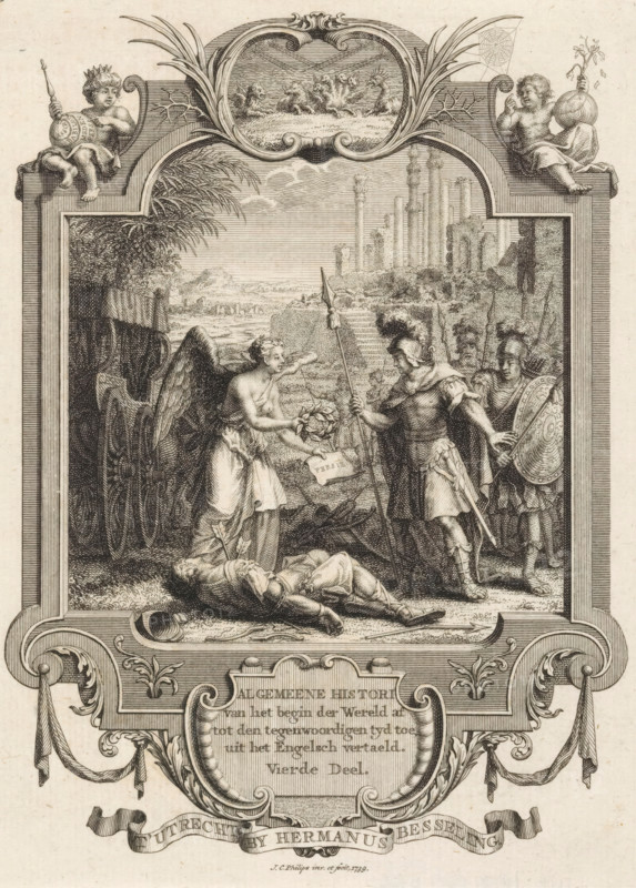 Cartouche with allegory on the fall of Persia, Title page in front: Kornelis Westerbaen, Algemeene histori, 1736, print, title page, At the body of the murdered Persian king Darius, an angel hands a laurel wreath and a paper as a symbol of the Persian Empire to Macedonian soldiers, among whom possibly King Alexander the Great. In the background, a landscape of ruins. Seated putti with globes and a depiction of the four empires as beasts in the frame of the cartouche, seen by Daniel., printmaker: Jan Caspar Philips, publisher: Hermanus Besseling, Utrecht, 1739, 1740, paper, etching, engraving, height 172 mm x width 124 mm, Title page before: Westerbaen, Kornelis. Algemeene histori van het begin der Wereld af tot den hedenen tyd toe, Fourth Part. Utrecht: Besseling, Hermanus, 1740. Print originating from a scrapbook containing title prints, ornaments, etc. on blue paper, disassembled in 1983. According to a note on the verso, the print was located on p. 106 of this album., Person, Alexan...