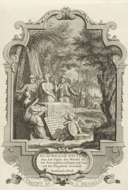 Cartouche with allegory on the history of the Arabian Peninsula, Title page for: Kornelis Westerbaen, Algemeene histori, 1750, print, title page, A woman with a ruler points History onto the map of the Arabian Peninsula. Arab men stand behind the woman. To the right sits a putto with a portrait medallion of Attila. In the background, a priest sacrifices a human and an animal., printmaker: Jan Caspar Philips, publisher: Hermanus Besseling, Utrecht, paper, engraving, etching, height 169 mm x width 120 mm, Title page for: Westerbaen, Kornelis. Algemeene histori van het begin der Wereld af tot den hedenen tyd toe, Sixteenth Part. Utrecht: Besseling, Hermanus, 1750. Print from a scrapbook with title prints, ornaments, etc. on blue paper, disassembled in 1983. According to a note on the verso, the print was located on p. 109 of this album., Person, Attila the Hun, 'Historia', maps of separate countries or regions, Asiatic races and peoples (with NAME), Arabia, A detailed engraved scene frame...