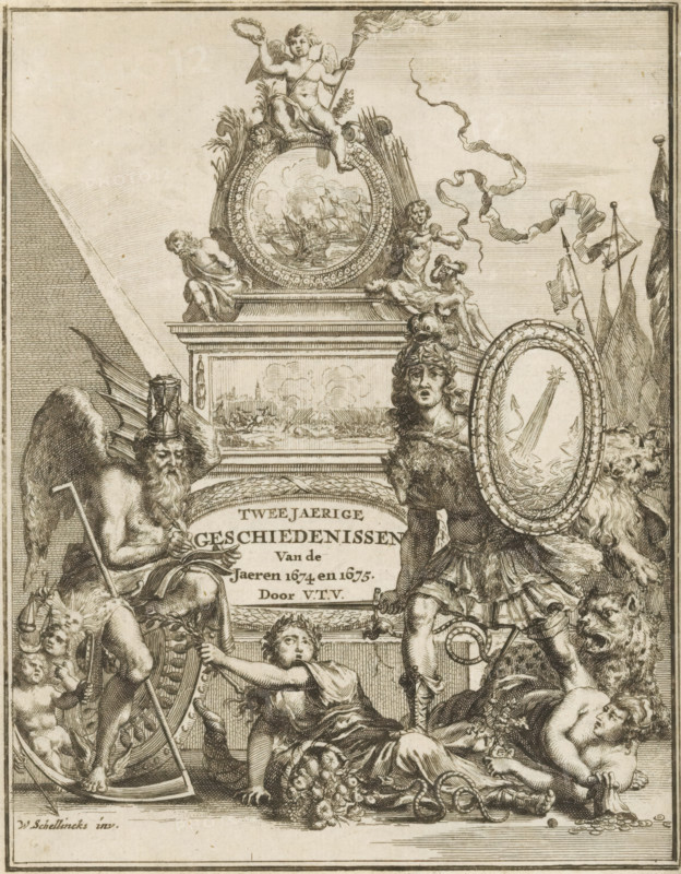 Allegorical representation with Father Time and figure in armor, Title page front: Gerard Brandt, Tweejaerige geschiedenissen Van de Jaeren 1674 en 1675, 1678, print, title page, Father Time with hourglass and scythe sits on a wheel and writes in a book. To the right lie two women with a horn of plenty and a bag of coins on the ground. They are being trampled by a figure in armor, with a helmet with a dolphin and a shield with a star and lightning bolts. Behind the allegorical figures a monument with images of a land and sea battle and a putto with a laurel wreath and torch., after design by Willem Schellinks, publisher: Joannes van Someren, Amsterdam, publisher: Abraham Wolfgang, publisher: Hendrick en Dirk Boom, printmaker, paper, engraving, etching, height 163 mm x width 128 mm, Title page in front of: Brandt, Gerard. Tweejaerige geschiedenissen Van de Jaeren 1674 en 1675. Amsterdam: Someren, Joannes van, Wolfgang, Abraham en Boom, Hendrick en Dirk, 1678. Print originating from a sc...