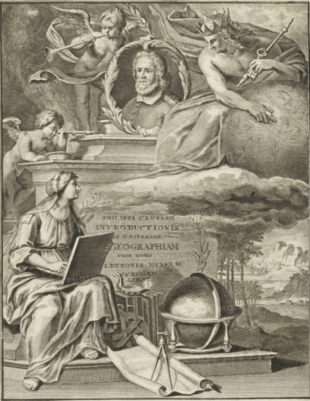 Title page for: Philipp Clüver, Introductionis in universam geographiam, sa, Portrait of Philipp Cluver and writing woman, print, title page, Portrait of Philipp Cluver, the founder of historical geography, in an oval on a pedestal with the title of the book. Putti with a trumpet and binoculars and a crowned young man with a scepter, key, and globe with animals flank the portrait. In front sits a writing allegorical female figure; at her feet are a globe, a compass, a scroll, an oil lamp, and books., publisher: Pieter de Coup (possibly), Amsterdam, 1697, 1729, printmaker, paper, engraving, height 196 mm x width 154 mm, Title page for: Clüver, Philipp. Introductionis in universam geographiam. Amsterdam: Sn, sa (Possibly an edition by Pieter de Coup, 1729). Print originating from a scrapbook with title prints, ornaments, etc. on blue paper, disassembled in 1983. According to a note on the verso, the print was located on p. 160 of this album., Person, cupids: 'amores', 'amoretti', 'putti'...