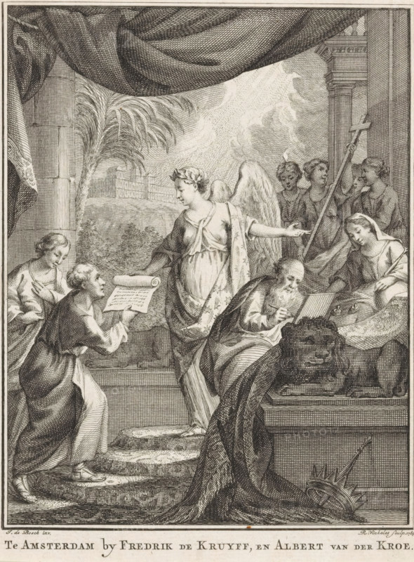 Title page for: Willem Hendrik Sels, Solomon, King of Israel, 1765, Allegorical representation with an angel, print, title page, An angel, the personification of poetry, hands a monk a roll of paper. In the foreground sits an old man with a beard writing a book, next to him a woman. In the background the figures with symbols of the True Faith., printmaker: Reinier Vinkeles (I), after design by Joannes de Bosch, publisher: Fredrik de Kruyff, Amsterdam, publisher: Albert van der Kroe, paper, etching, engraving, etching and engraving, height 183 mm x width 141 mm, Title page for: Sels, Willem Hendrik. Solomon, in XII books. Amsterdam: Kruyff, Fredrik de and Kroe, Albert van der, 1765. Print originating from a scrapbook with title prints, ornaments, etc. on blue paper, disassembled in 1983. According to a note on the verso, the print was located on p. 187 of this album., angels, Faith, 'Fides', 'Fede', 'Fede catholica', 'Fede christiana', 'Fede christiana catholica' (Ripa), one of the Thre...
