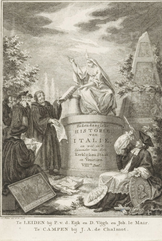 Allegory on the Papal States and Venice, Title page front: Sn, Contemporary History or The Continuation of General History, 1779, Contemporary History of Italy and particularly of the Papal States and Venice, Volume VIII, print, title page, Divine Truth sits on a pedestal. In the foreground right sits a Jesuit; he is trying to look at her through a telescope. Beside him are portrait medallions of Popes Gregory and Adrian. On the left, Luther gives Truth a Bible and tramples on indulgences. Behind him is a group of men including Calvin and Melanchthon. In the foreground on the left, a man is writing the Augsburg Confession., printmaker: Simon Fokke, after design by, publisher: Pieter van der Eyk, Leiden, publisher: Daniel Vijgh, publisher: Johannes Le Mair, publisher: Jacques Alexandre Chalmot, Kampen, 1778, paper, etching, engraving, etching and engraving, height 172 mm x width 116 mm, Title page for: *Sn* Hedendaagsche historie of Het vervolg van de Algemeene historie, VIIIde Deel. Le...
