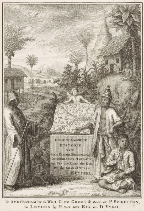 Allegory of the East Indies, print, title page, Landscape with animals and people in traditional clothing representing Asian peoples. A putto holds a map of the area. On a pedestal, the title in Dutch., printmaker: Jan Caspar Philips, Amsterdam, publisher: Groot en Zoon, widow Gerrit de, publisher: Petrus Schouten, publisher: Pieter van der Eyk, Leiden, publisher: Daniel Vijgh, 1771 - 1772, paper, etching, engraving, etching and engraving, height 173 mm x width 123 mm, Title page before: Salmon, Thomas. Contemporary History or the Continuation of General History, Part VII, Containing a Description of the Countries Located in the Further Half-Island of the Indies, together with, Leiden: Widow G. de Groot and Petrus Schouten, P. van der Eyk and Daniel Vijgh, 1772. Print originating from a scrapbook with title pages, ornaments, etc. on blue paper, disassembled in 1983. According to a note on the verso, the print was located on p. 209 of this album., maps, atlases, landscapes in the non-te...
