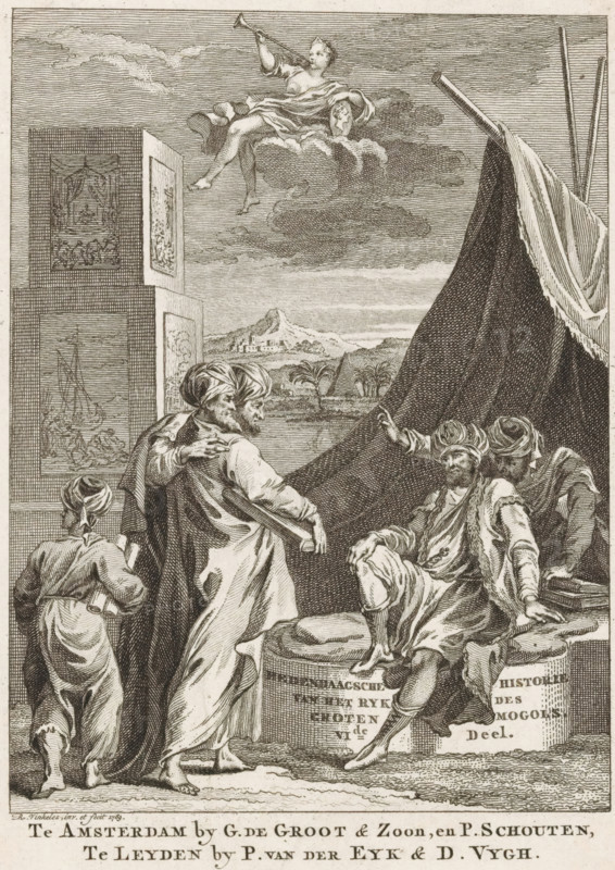 Contemporary History of the Empire of the Great Mughal, Volume 6, Allegory of the Mughal Empire, Title page before: Sn, Contemporary History or The Continuation of General History, 1770, print, title page, Five men with turbans are sitting and standing by a tent. Next to the tent is a tower of blocks on which are representations. Above them sits a woman with a trumpet and a portrait medallion on clouds., printmaker: Reinier Vinkeles (I), publisher: Groot en Zoon, Gerrit de, Amsterdam, publisher: Petrus Schouten, publisher: Pieter van der Eyk, Leiden, publisher: Daniel Vijgh, 1769, paper, etching, engraving, ets en gravure, height 170 mm x width 125 mm, Title page for: Sn Hedendaagsche historie of Het vervolg van de Algemeene historie, VIde Deel. Amsterdam: Amsterdam: Groot en Zoon, Gerrit de and Schouten, Petrus, Leiden: Eyk, Pieter van der and Vijgh, Daniel, 1770. Print from a scrapbook with title prints, ornaments, etc. on blue paper, disassembled in 1983. According to a note on the ...