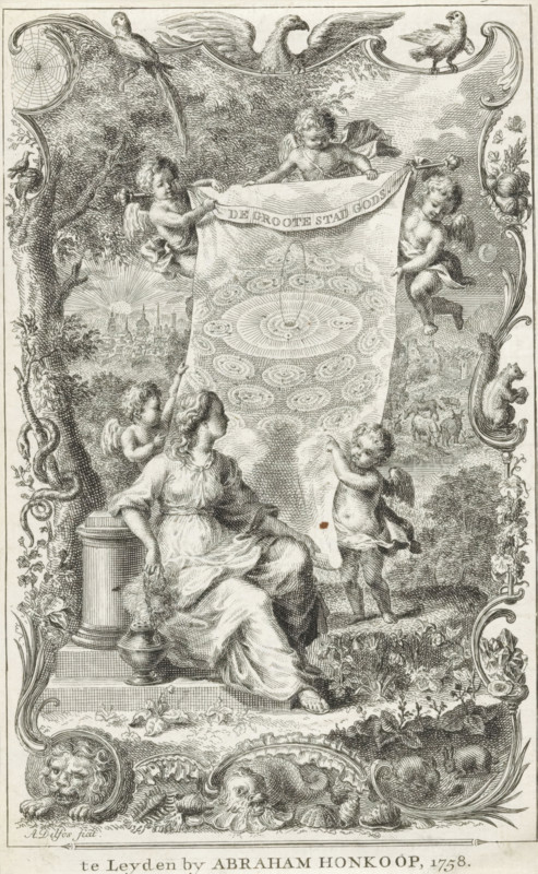 The Great City of God, Title page for: Hermannus Samuel Reimarus, The Principal Truths of Natural Religion, in Ten Treatises, 1758, Allegory of the Heavenly Jerusalem, print, title page, A female personification with an incense burner seated by an image of The Great City of God, held by putti. In the background, the silhouette of the city of Jerusalem. Surrounded by a frame with animals such as a lion, snake, squirrel, and birds., printmaker: Abraham Delfos, publisher: Abraham Honkoop (I), Leiden, paper, etching, height 177 mm x width 110 mm, Title page for: Reimarus, Hermannus Samuel. The Principal Truths of Natural Religion, in Ten Treatises. Leiden: Honkoop, Abraham (I), 1758. Print from a scrapbook with title prints, ornaments, etc. on blue paper, disassembled in 1983. According to a note on the verso, the print was on p. 213 of this album., the New Jerusalem, the all-seeing eye, triangle with eye, symbol of God the Father, A detailed monochrome engraving shows a seated woman in fl...