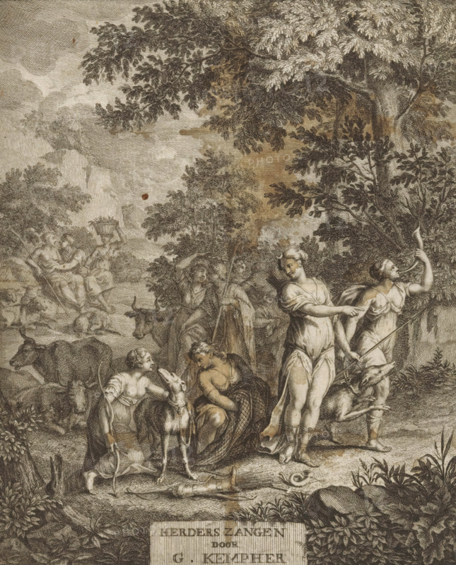 Title page for: Gerard Kempher, Herderszangen, 1732, Diana and shepherds, print, title page, Diana with hunting dog is accompanied by three female hunters with hunting horn, net, bow and arrow, and a second hunting dog. In the background, resting shepherds with their cattle., publisher: Johan Arnold Langerak, Leiden, printmaker, paper, engraving, height 195 mm x width 158 mm, Title page for: Kempher, Gerard. Herderszangen. Leiden: Langerak, Johan Arnold, 1732. Print originating from a scrapbook with title prints, ornaments, etc. on blue paper, disassembled in 1983. According to a note on the verso, the print was on p. 216 from this album., herding, herdsman, herdswoman, shepherd, shepherdess, cowherd, (story of) Diana (Artemis), A detailed monochrome engraving shows a wooded landscape with large trees and dense foliage filling the upper area, branches and leaves rendered with fine lines. In the middle ground a group of figures in classical dress stand and sit among animals; one woman i...