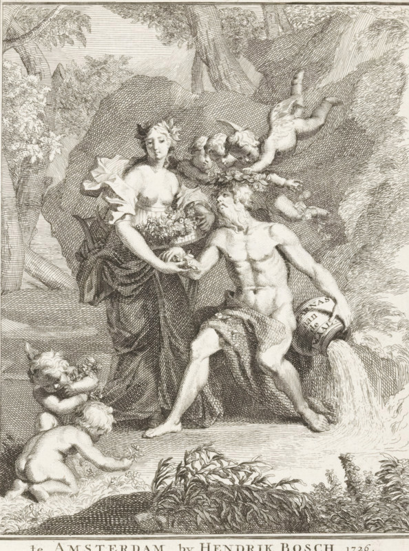 Parnas on the Waal, Allegorical representation with Poetry and the Waal, Title page for: Jan van Hoogstraten, Parnas on the Waal or Gelderland singing nymph sweet on misgelpoezy, from various poems, 1726, print, title page, Poetry stands with a lyre and a basket of flowers next to a river god as a personification of the Waal. Putti laurel the god. In the foreground, two putti are picking flowers., publisher: Hendrik Bosch, Amsterdam, printmaker, paper, engraving, height 170 mm, width 129 mm, Title page for: Hoogstraten, Jan van. Parnas on the Waal or Gelderland singing nymph sweet on misgelpoezy, from various poems. Amsterdam:, Bosch, Hendrik, 1726. Print from a scrapbook with title prints, ornaments, etc. on blue paper, disassembled in 1983. According to a note on the verso, the print was located on p. 78 of this album., cupids: 'amores', 'amoretti', 'putti', river-gods, symbolic representations, allegories and emblems, poetry, 'Poesia' (Ripa), Rhine, Waal (river), A detailed black an...
