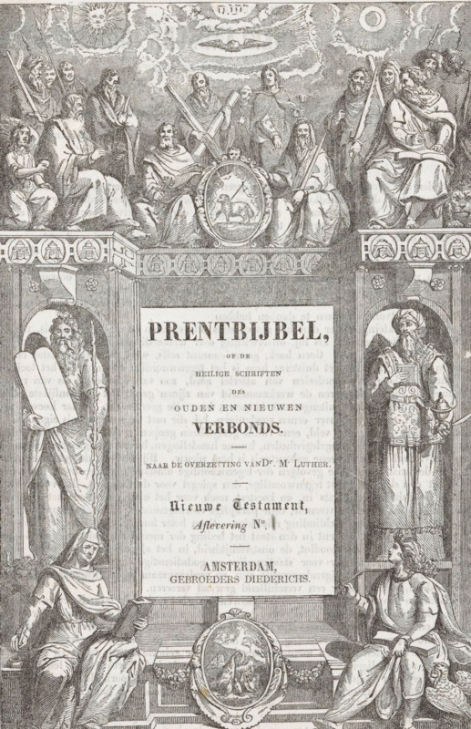 Evangelists and Apostles, Title page for: Sn Picture Bible or the Holy Scriptures of the Old and New Covenant. Based on the translation by Dr. M. Luther, sa, print, title page, Title page for a Bible. The title on a tablet flanked on either side by Moses with stone tablets (left) and a man with a turban (right), standing in niches. In front of and above the niches sit the four evangelists with their accompanying creatures. Between Luke and John (below) a medallion with a pelican feeding its young. Between Matthew and Mark (above) a medallion with the Lamb of God. Behind them stand the twelve apostles., publisher: Diederichs, Gebroeders, Amsterdam, 1840 - 1860, printmaker, paper, woodcut, letterpress printing, woodcut and text in letterpress, height 206 mm x width 141 mm, Title page front: Sn Picture Bible or the Holy Scriptures of the Old and New Covenant. Based on the translation by Dr. M. Luther. Amsterdam: Diederichs, sa Print originating from a scrapbook with title prints, ornament...