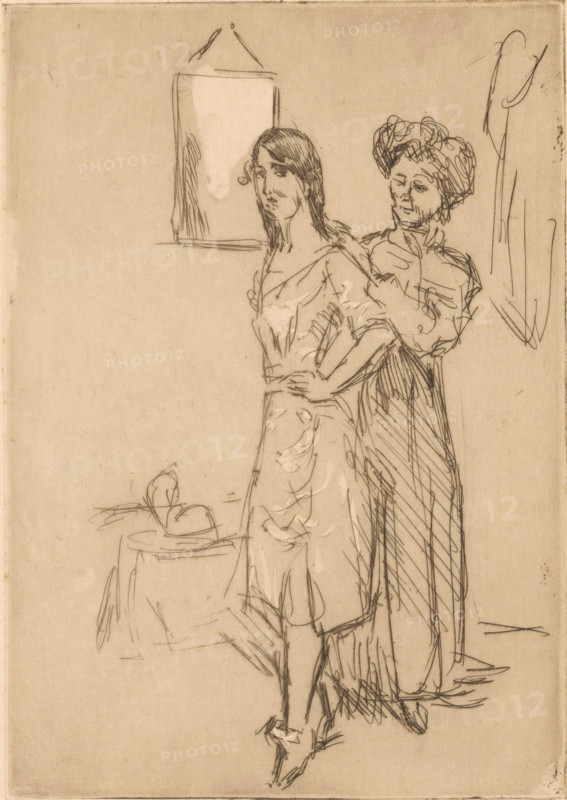 Young woman at a milliner, At the milliner's, print, The woman stands with her hand on her hip while the milliner takes her measurements. In the background, a hat lies on a table., number: '4800', printmaker: Isaac Israels (signed by artist), 1878 - 1934, Isaac Israels, printmaker, paper, etching, intaglio printmaking technique, height 178 mm x width 125 mm, adult woman, hatter, A sketch in thin dark lines on a light paper shows two women standing close together; the nearer woman faces slightly left with long straight hair and wears a dress with a low neckline and a fitted waist, her hands resting on her hips, while the woman behind her stands close with one hand near the other's shoulder and wears a high-necked blouse and a long skirt with a voluminous hairstyle. In the upper left a rectangular framed object hangs on the wall, and in the lower left a small round table holds a folded cloth or hat.