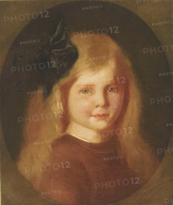 Portrait of an unknown girl, print, The girl is wearing a bow in her hair., printmaker: Heinrich M. Krabbé (signed by artist), 1878 - 1931, paper, color mezzotint, height 302 mm x width 251 mm, anonymous historical person portrayed - BB - woman, child (at home) - AA - girl, A painted portrait of a young girl with long blonde hair wearing a dark dress and a dark ribbon or bow in her hair, shown against a darker oval background; her face is softly lit with visible eyes, small nose, and closed lips, and a light collar is visible at her neckline.