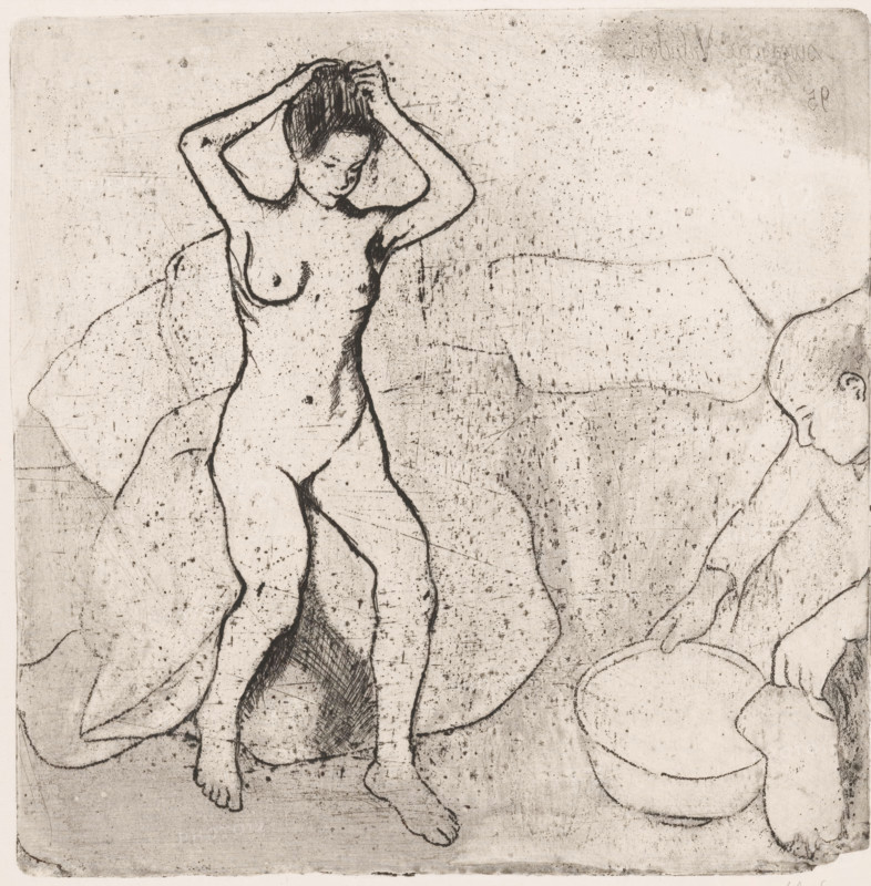 Nude woman taking a bath, Catherine preparing the tub and Louise nue se coiffe, print, printmaker: Suzanne Valadon (signed by artist), France, 1895, paper, etching, drypoint, intaglio printmaking technique, soft-ground etching, height 229 mm x width 225 mm, taking a bath, A lightly sketched scene in a monochrome, textured style showing a nude woman seated on a draped surface with one arm raised and hands gathering her hair, her head tilted downward and eyes cast toward her chest; the lines of her body are softly contoured with visible crosshatching in shadowed areas and small speckled marks across the paper; beside her a partially visible figure sits on the right edge, leaning forward with one arm extended toward a round basin on the floor; folds of cloth surround the seated woman and extend across the composition, and the overall image has an aged, worn paper background with faint smudges and scratches.