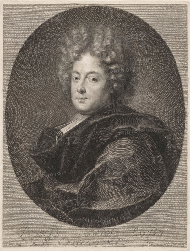 Petrus Simon Eques Calcographus, Portrait of Pierre (I) Simon in oval, print, printmaker: Antoine Trouvain, France, after painting by Jean Tortebat, 1693, paper, engraving, stipple work, height 242 mm x width 186 mm, Person, Pierre Simon (I), historical persons, portrait, self-portrait of artist, wig, A monochrome engraved portrait of a person with a voluminous curly hairstyle, shown from the shoulders up and turned slightly to the viewer's left, wearing a dark draped garment with visible folds and a lighter collar at the neck, set against an oval dark textured background within a rectangular frame; the face has a calm expression with visible eyes, nose, and closed lips, and the image shows fine line work and crosshatching throughout the hair, clothing, and background.