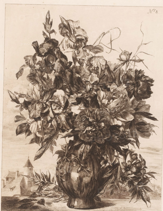 Flower vase with a church in the background, Series with flowers, print, Series number, 8, watermark, printmaker: Jules Ferdinand Jacquemart, France, publisher: Cadart & F. Chevalier, A., Paris, 1862, paper, etching, intaglio printmaking technique, printed in brown, height 339 mm x width 265 mm, church (exterior), flowers in a vase, A detailed monochrome drawing of a large ornate vase filled with a dense arrangement of varied flowers and leaves, the blooms showing layered petals and textured shading, some buds and drooping petals among fuller blossoms, long slender leaves and stems extending outward, and tendrils weaving through the composition; the vase sits on a flat surface and displays carved decorative motifs, while in the background faint outlines of rooftops and a tower with a pointed roof are visible beneath a light, textured sky.