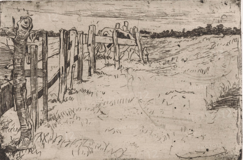 Grazing cow by a fence in a meadow, print, printmaker: Pieter Dupont, North Holland, 1895, paper, zincets, intaglio printmaking technique, height 128 mm x width 191 mm, meadow, pasture, fence, wall, paling, cow, A monochrome etching showing a rural landscape with a worn wooden fence running from the foreground into the middle distance, irregular posts and rails rendered with rough, swirling lines; grassy ground with sketched tufts and patches surrounds the fence, and faint linear marks suggest distant fields and a low hedge on the horizon under a sky with horizontal hatch marks.