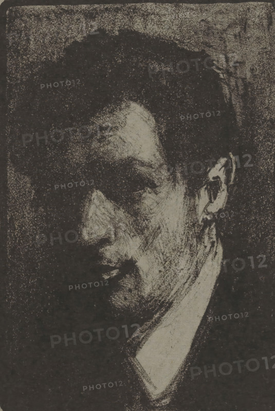 Self-portrait, print, A self-portrait of Henri Jonas., printmaker: Henri Jonas (signed by artist), 1917, paper, lithography, height 237 mm x width 172 mm, Person, portrait, self-portrait of artist, A grainy monochrome profile of a man's head and neck rendered in light strokes against a dark textured background, showing a high forehead, closed eye area, a pronounced nose, a defined ear, and a shadowed jawline with visible brushlike marks and speckled texture throughout.