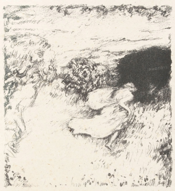 Daphnis and Chloe, Daphnis et Chloe, print, book illustration, Scene from the pastoral shepherd poem of Daphnis and Chloe by the Greek writer Longus. Landscape with Chloë running causing her clothes to blow up., printmaker: Pierre Bonnard, publisher: Henri Louis Ambroise Vollard, printer (person): Auguste Clot, 1902, printer (person), paper, lithography, height 150 mm x width 140 mm, height 291 mm x width 241 mm, Lithograph used for: Les pastorales de Longus ou Daphnis et Chloë, Ambroise Vollard (publisher), Paris 1902, Daphnis (in Greek mythology a shepherd who invented pastoral poetry, Chloe, A textured paper surface with charcoal or pencil sketch marks forming dark, rough strokes and smudges concentrated toward the top right and center, lighter, feathery shading and scribbled lines across the left and upper areas, a dense dark patch creating a rounded shape near the center-right, softer curved shading suggesting rounded forms in the middle, scattered small dots and specks across the...