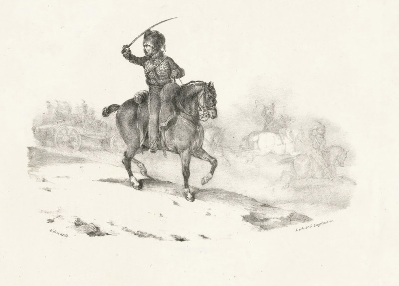 Artillery Officer, Artillery Officer Commanding the Charge, Suite of Eight Small Pieces, Eight small plates, print, The mounted artillery officer, in his right hand a raised saber. Behind him a carriage with a cannon drawn by horses., printmaker: Théodore Géricault, printer (person): Gottfried Engelmann, Paris (possibly), publisher: Gihaut frères (possibly), 1823 - 1823-02-01, printer (person), paper, lithography, chine collé, height 120 mm x width 175 mm, height 266 mm x width 363 mm, warfare, military affairs (cavalry, horsemen), A monochrome drawing of a mounted soldier raising a curved sword while riding a trotting horse, the rider wearing a fur hat and a detailed uniform with visible straps and a rolled cloak or blanket at the saddle, the horse shown in mid-stride with visible tack and muscular shading, a faint background scene with other mounted figures and a cannon and carriage sketched in lighter tones, and a textured ground beneath the horse with patches of darker shading.