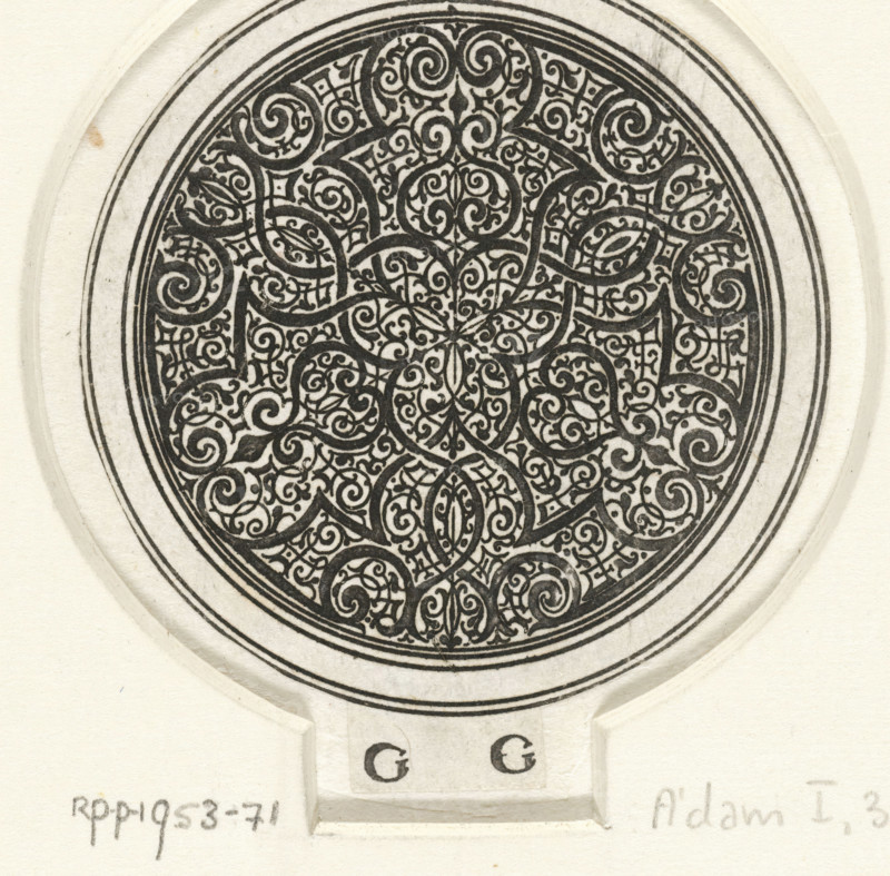 Round leaf with moresques, Round with moresques (former title), Flat decorations and parts of a hilt, decorated with moresques, print, ornamental print, Moresques, consisting of two basic motifs each mirrored three times. From a series of 42 leaves., printmaker: Monogrammist GG, Germany (possibly), publisher: anonymous, c. 1525 - c. 1550, paper, etching, height 59 mm x width 54 mm, ornament, moresque, A close-up of a circular ornamental design printed in black on a light textured background, featuring dense interlacing scrolls and curved lines forming a symmetrical floral and geometric pattern within concentric rings, with a small rectangular tab at the bottom bearing two printed capital letters, and faint handwritten marks and pencil notations visible on the surrounding paper.