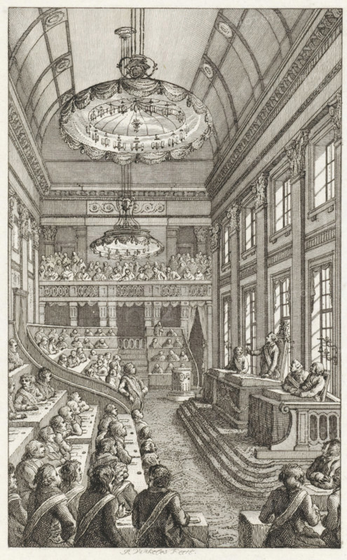 First National Assembly in The Hague, 1796, print, historical print, Session of the First National Assembly in The Hague, from March 1, 1796 to August 31, 1797. View of the assembly hall (former ballroom of the Stadholder's Palace) with the members, all wearing ribbons as representatives. On the right, the chairman Pieter Paulus addresses the members and declares the National Assembly established. In the background, the full public gallery., printmaker: Reinier Vinkeles (I), Amsterdam, 1805, Reinier Vinkeles (I), printmaker, paper, etching, engraving, height 244 mm x width 162 mm, Used as an illustration in: PA Loosjes. Patriotic history, containing the histories of the United Netherlands, in the immediate continuation of Wagenaar's Patriotic history. Amsterdam: Johannes Allart, vol. 35 (1805)., Person, National Assembly, Pieter Paulus, Lower House, Parliament, Chamber, revolutionary government, First National Assembly, The Hague, Binnenhof, Period, A detailed black and white etching o...