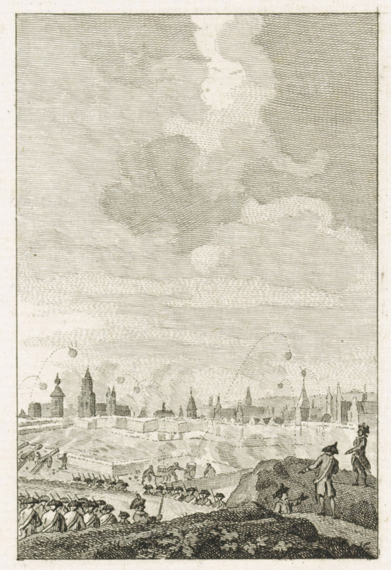 Bombardment of Maastricht, 1793, print, Bombardment of Maastricht by the French army, February 24, 1793. With handwritten inscription., printmaker: Cornelis Bogerts, Northern Netherlands, after drawing by Jacobus Buys, 1793 - 1795, paper, etching, engraving, etching and engraving, proof print before the lettering, height 165 mm x width 115 mm, Used as illustration in: J. Fokke, Geschiedenissen der Vereenigde Nederlanden voor de vaderlandsche jeugd, Johannes Allart, Amsterdam 1783-1795, 25 volumes, vol. 24, pl. 4., bombardment, siege, Maastricht, Period, 1793-02-24, The image shows a tall vertical etching with a cloudy sky occupying the upper portion, rendered with fine horizontal lines and several large, billowing cloud shapes in varying shades. Below the sky a distant skyline of towers and spires stretches across the middle ground, each topped with pointed or domed roofs and interspersed with smaller buildings and walls. In the foreground there is a hilly, textured landscape with grou...