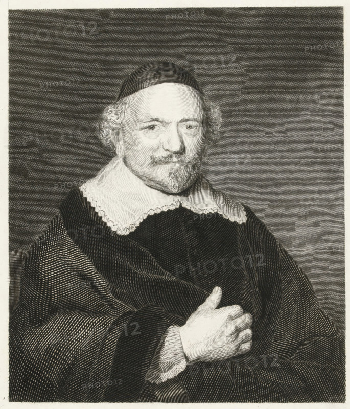 Portrait of a man, presumably Augustijn Wtenbogaert (1577-1655), print, inscription: 'Proof print of an unfinished engraving ...', signature: 'JA Boland 1 Ap 1861', printmaker: Johannes Arnoldus Boland (signed by artist), Amsterdam, after painting by Govert Flinck, 1861, paper, engraving, etching, etching and engraving, proof print, height 350 mm x width 255 mm, Person, Augustijn Wtenbogaart, A monochrome engraved portrait of an older man shown from the chest up wearing a dark cap and a dark robe with a wide white collar edged with lace, his hair curling at the sides and a small mustache and pointed goatee, his right hand placed on his chest, the background filled with fine crosshatched shading.