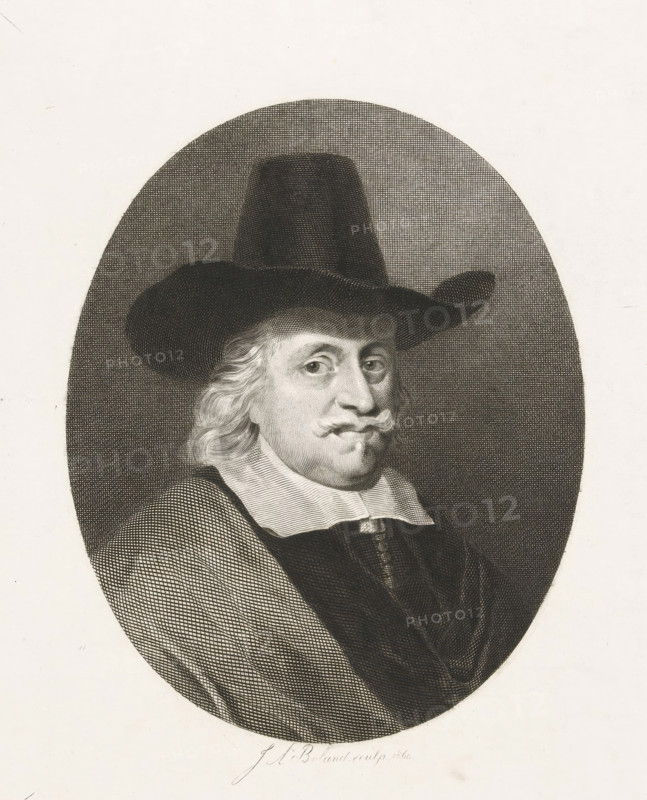 Portrait of a gentleman with a hat, print, signature: 'JA Boland 15 March 1860', printmaker: Johannes Arnoldus Boland (signed by artist), Amsterdam, after design by anonymous, 1860-03-15, paper, engraving, height 253 mm x width 198 mm, anonymous historical person depicted alone (three-quarter view portrait), An oval engraved portrait of a man shown from the chest up wearing a wide-brimmed dark hat and clothing with a high white collar, his face rendered with fine line shading, light wavy hair visible at the sides, a curled mustache, and a steady gaze, set against a textured dark oval background framed by a plain light border.