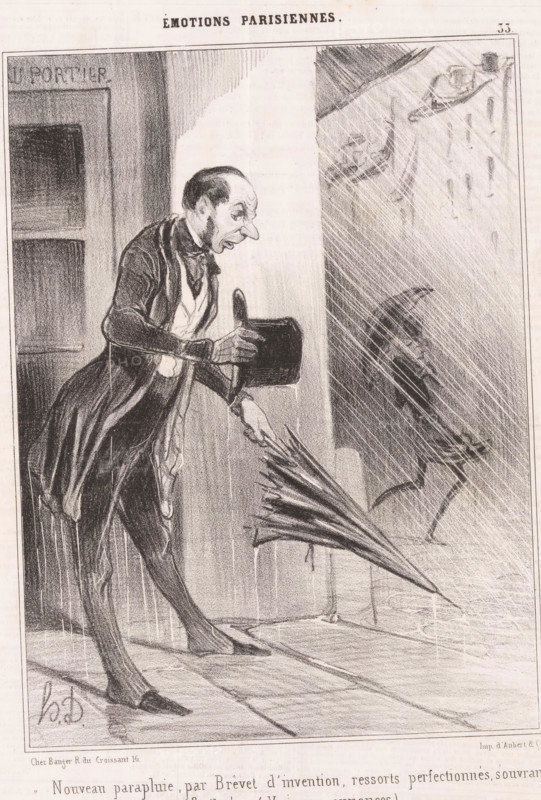 Man tries to open new umbrella in the rain, Parisian emotions, Émotions Parisiennes, cartoon, Series number, 33, 51, printmaker: Honoré Daumier, printer (person): Aubert & Cie., Paris, publisher: Bauger, 1840, printer (person), paper, lithography, letterpress printing, lithography with text in letterpress on verso, height 363 mm x width 245 mm, Print possibly from: Le Charivari, September 27, 1840., caricatures (human types), umbrella, downpour, rain shower, A black and white drawing shows a thin man standing under a doorway, leaning forward with a surprised expression, holding a closed umbrella in one hand and lifting a hat with the other; he wears a long coat, waistcoat, necktie, and trousers, and his facial features are sharply outlined. Rain is depicted as diagonal lines across the scene, and a shadowy figure wearing a hat is visible through the rain beyond the doorway. The floor has rectangular paving, and a recessed door or panel is at the left with a dark rectangular opening. Th...