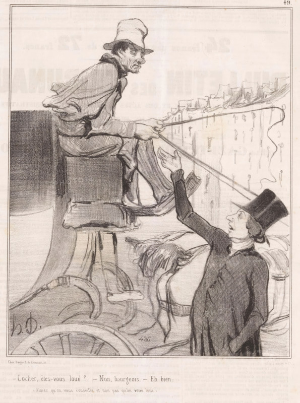 Cocher, êtes-vous loué?, Man asks coachman a question, Parisian emotions, Émotions Parisiennes, cartoon, Series number, 49, 51, printmaker: Honoré Daumier, printer (person): Aubert & Cie., Paris, publisher: Bauger, 1842, printer (person), paper, lithography, letterpress printing, lithography with letterpress text on verso, height 363 mm x width 245 mm, Print possibly from: Le Charivari, November 17, 1842., four-wheeled, animal-drawn vehicle, eg: cab, carriage, coach, caricatures (human types), A pencil sketch shows a seated man wearing a floppy hat and loose clothing perched on a high box or platform, holding two long reins that extend downward; below him a standing man in a tall top hat and dark coat reaches up with one hand toward the reins while looking upward; in the background there are faint outlines of buildings and rooftops, and in the foreground parts of a large wheel and carriage elements are visible.