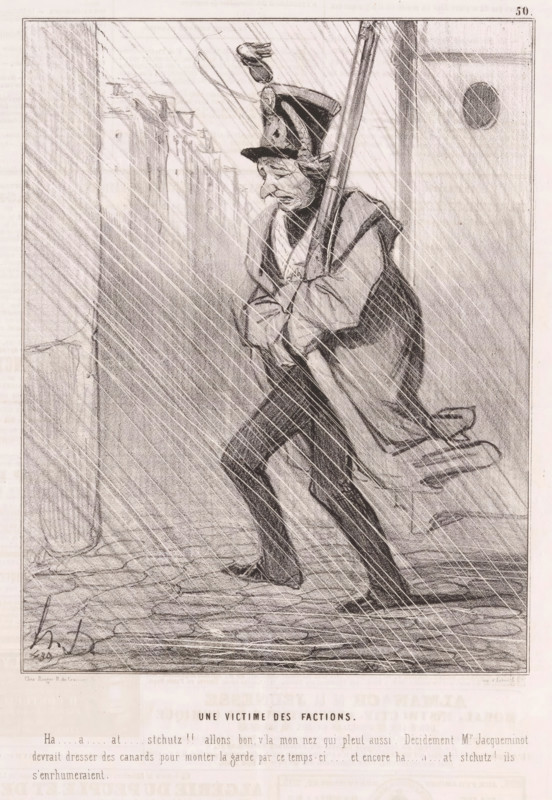 Une victime des factions, National Guard soldier patrols through the rain, Parisian emotions, Émotions Parisiennes, cartoon, Series number, 50, 51, printmaker: Honoré Daumier, printer (person): Aubert & Cie., Paris, publisher: Bauger, 1842, printer (person), paper, lithography, letterpress printing, lithography with letterpress text on verso, height 363 mm x width 246 mm, Print possibly from: Le Charivari, November 26, 1842., caricatures (human types), guard duty, keeping sentry, downpour, rain shower, A monochrome sketch shows a hunched man walking through heavy slanted rain, wearing a long coat and a tall hat with a plume, carrying a long rifle slung over his shoulder, his head tilted down and facial features drawn with lines suggesting a tired expression, his hands held near his chest, one leg stepping forward on a cobbled ground, a series of indistinct vertical shapes and architectural elements in the background, and rain indicated by diagonal lines across the entire scene.