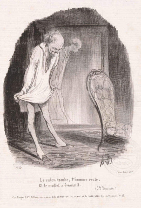 Le coton tombe, l'homme reste, Old man in nightgown looks at his legs at the mirror, Vanity, Coquetterie, cartoon, Series number, 10, stamp: 'Timbre Royal Seine, 3 c.', printmaker: Honoré Daumier, printer (person): Aubert & Cie., Paris, publisher: Bauger, 1840, Honoré Daumier, Aubert & Cie., Bauger, printmaker, printer (person), publisher, paper, lithography, letterpress printing, lithography with letterpress text on verso, height 363 mm x width 243 mm, Print possible from: Le Charivari, November 15, 1840., nightwear: night-gown, old man, caricatures (human types), mirror, A monochrome drawing shows an older man standing in a dim interior, wearing a loose nightshirt and slippers, with a hunched posture and a downturned face; one hand lifts the hem of his shirt while the other hangs near his side, and a faint ghostlike double of his head and upper body is sketched behind him; to the right a high-backed upholstered chair with a patterned cushion sits near him, and a rounded rug or textur...