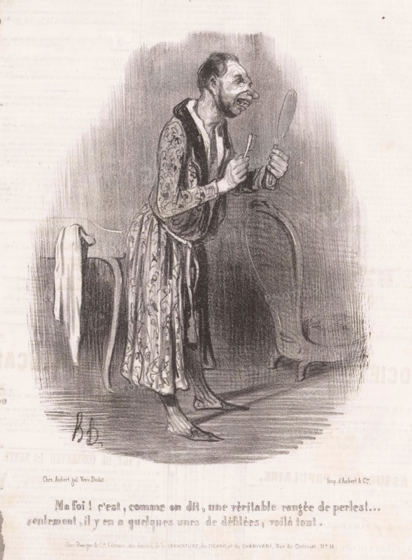 Ma foi! C'est, comme on dit, une véritable range de perles!, Man with toothbrush admires his teeth in the mirror, Vanity, Coquetterie, cartoon, Series number, 9, 10, printmaker: Honoré Daumier, printer (person): Aubert & Cie., Paris, publisher: Bauger, 1840, Honoré Daumier, Aubert & Cie., Bauger, printmaker, printer (person), publisher, paper, lithography, letterpress printing, lithography with letterpress text on verso, height 363 mm x width 245 mm, Print possibly from: Le Charivari, October 18, 1840., caricatures (human types), teeth, toothbrush, A tall thin figure wearing a patterned long robe and slippers stands in profile, leaning slightly forward and holding a small hand mirror in one hand and a toothbrush in the other, with a facial expression that shows an open mouth and prominent nose, a short dark hairstyle, and visible facial lines; behind the figure is a curved chair draped with a cloth, and the scene is rendered in shaded black-and-white sketching with soft background shad...